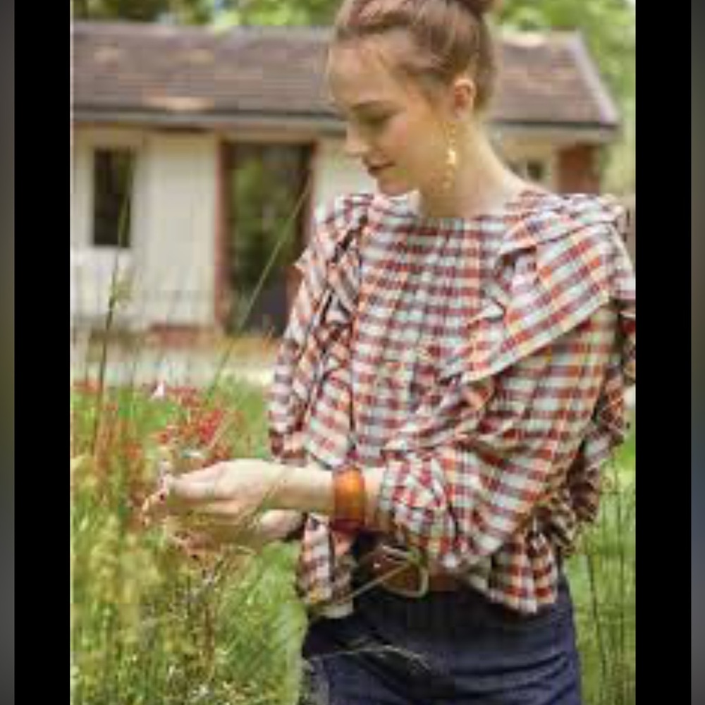 V. DE. VINSTER Frill Blouse Top plaid tartan cocoa size XS